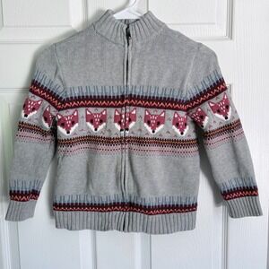 Tea Collection Zip Up Sweater Size 6-7 Gray Fox Fair Isle Cotton Cardigan